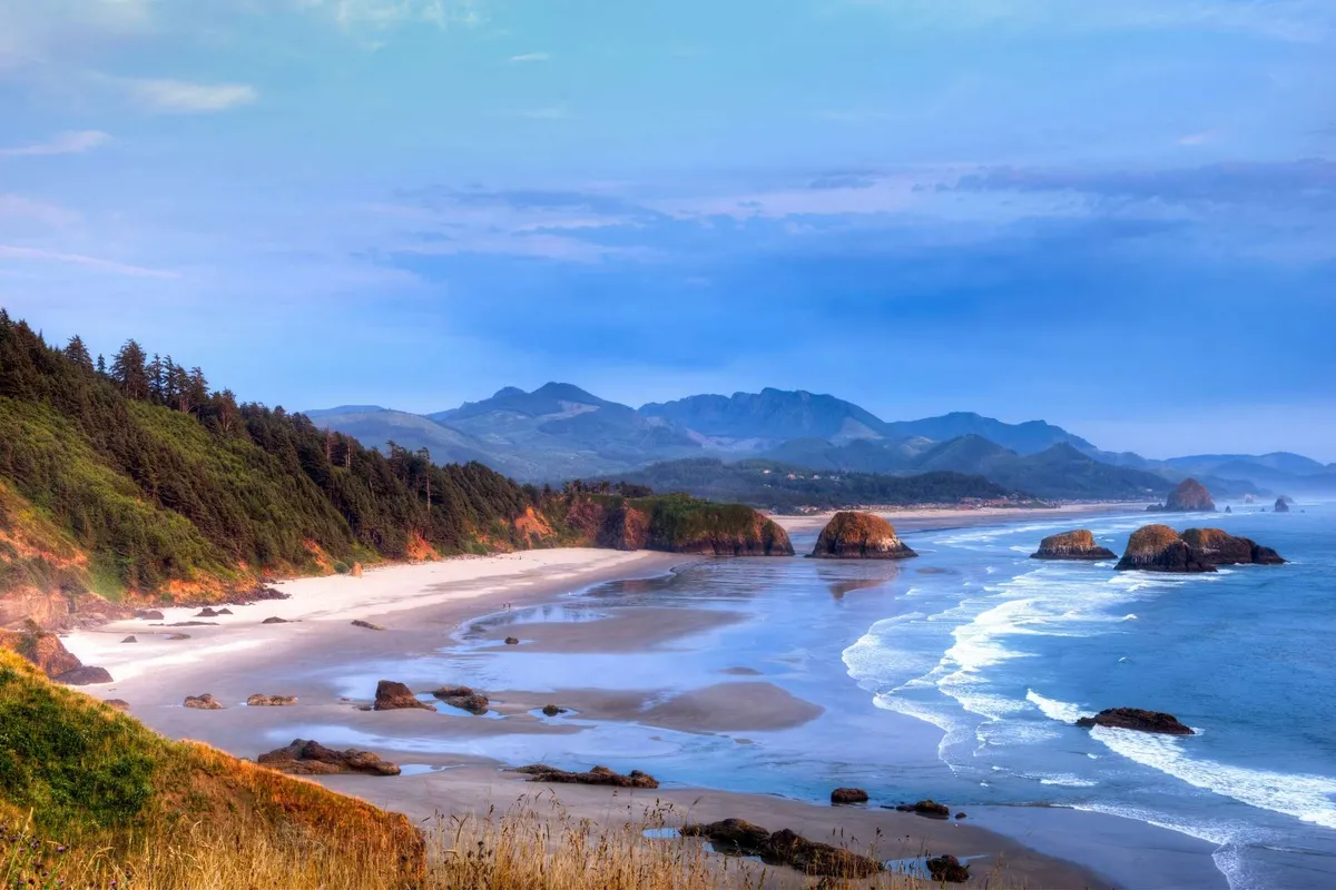 A wide view of a sandy Oregon beach framed by dramatic ocean waves, rock formations, and a distant tree line. The image highlights the natural beauty and adventure of the coastline, inviting families to imagine beachcombing, tide pooling, and other classic beach activities.